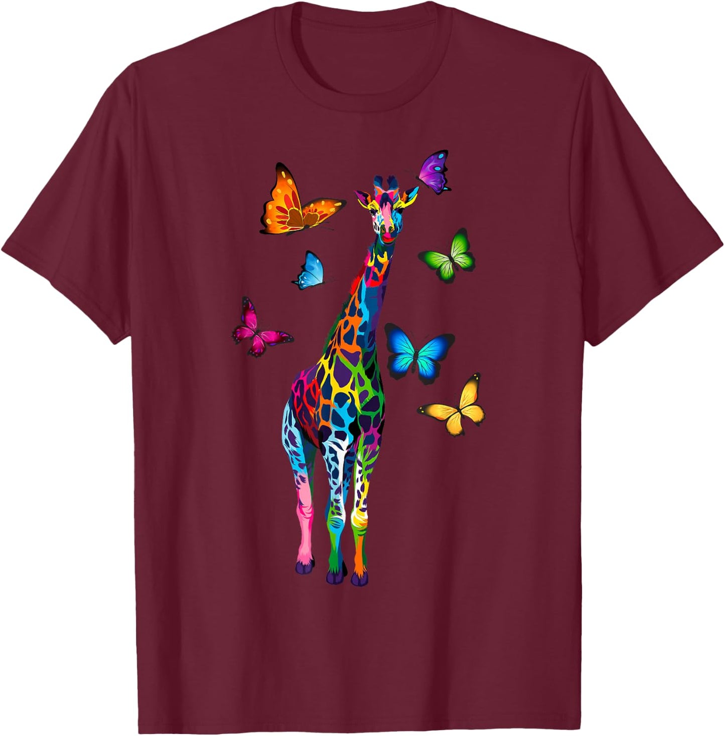 colored giraffe colorful butterflies giraffe Lovers T-Shirt - T-Shirt | Maroon