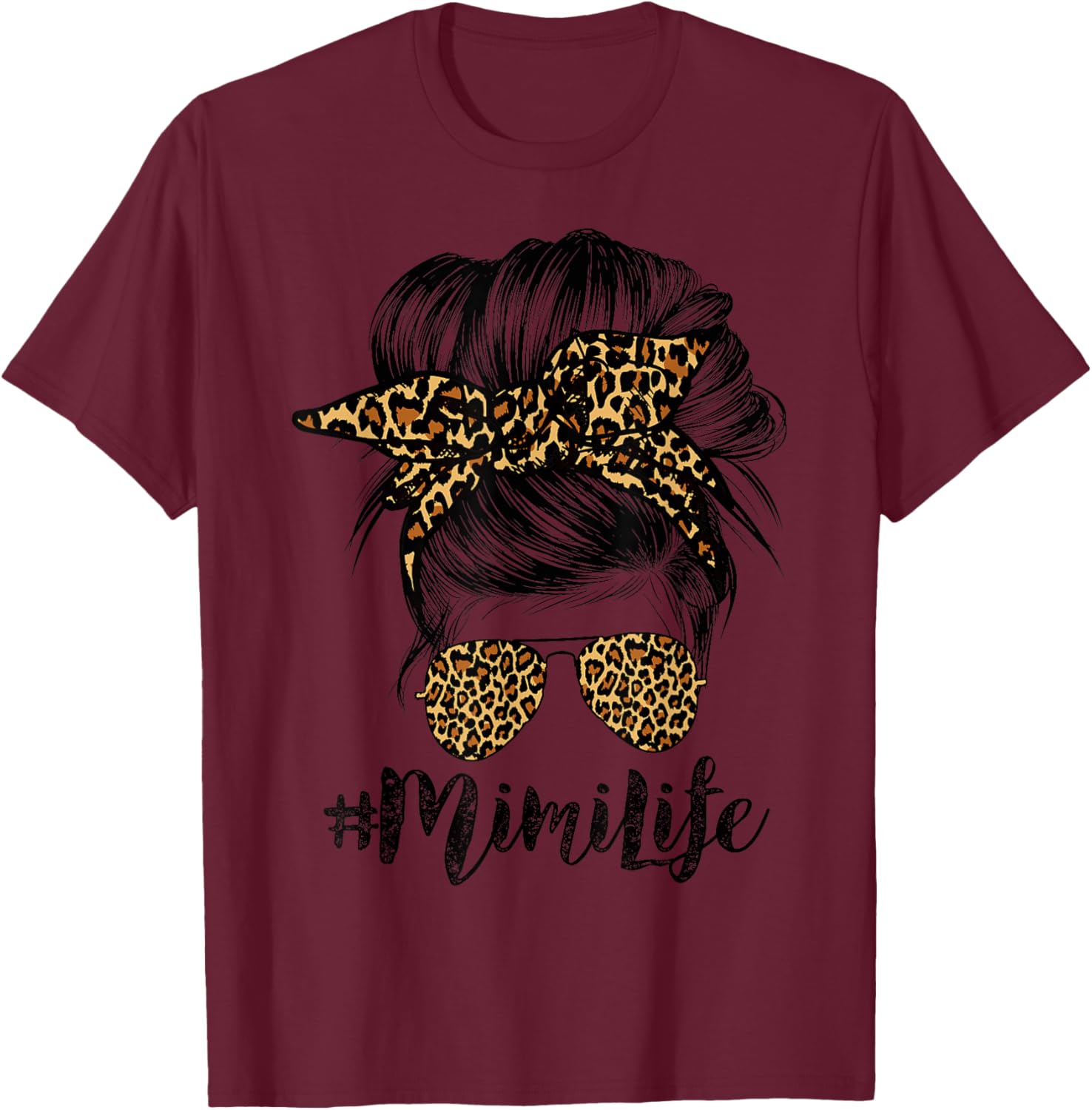 Mimi Life Hair Bandana Glasses Leopard Print Mother's Day T-Shirt - T-Shirt | Maroon