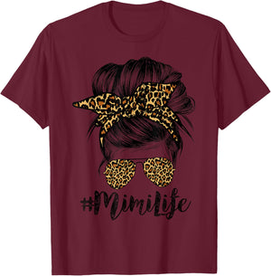 Mimi Life Hair Bandana Glasses Leopard Print Mother's Day T-Shirt - T-Shirt | Maroon