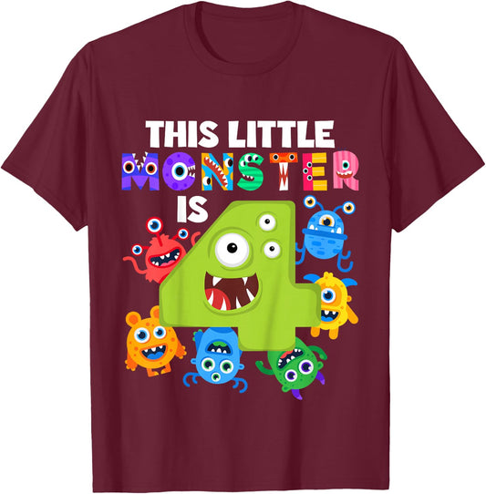 This Little Monster is 4 Four Years 4th Birthday Party Alein T-Shirt - T-Shirt | Maroon