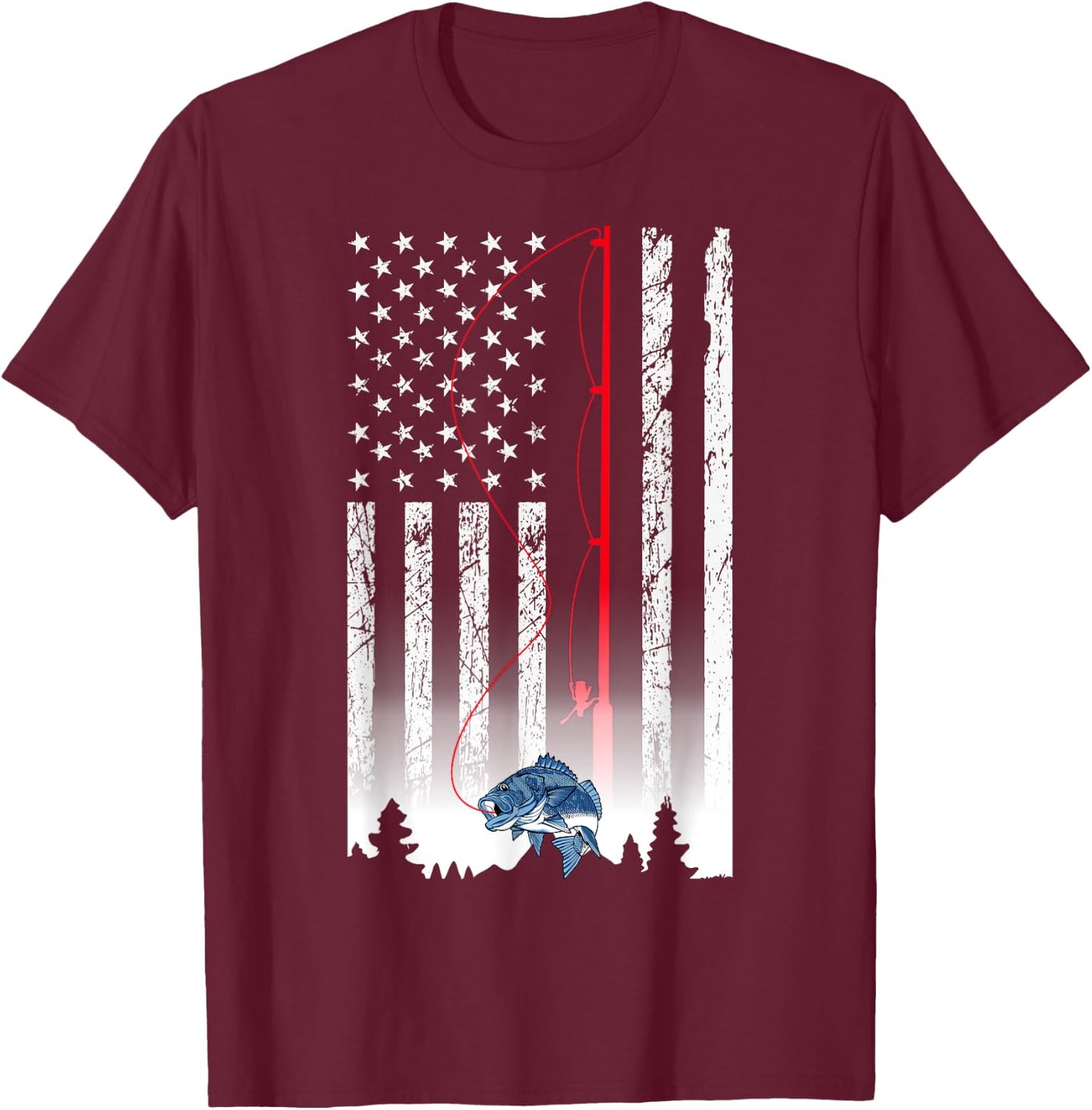 American Flag Fishing Rod USA Patriotic Lover Men T-Shirt - T-Shirt | Maroon