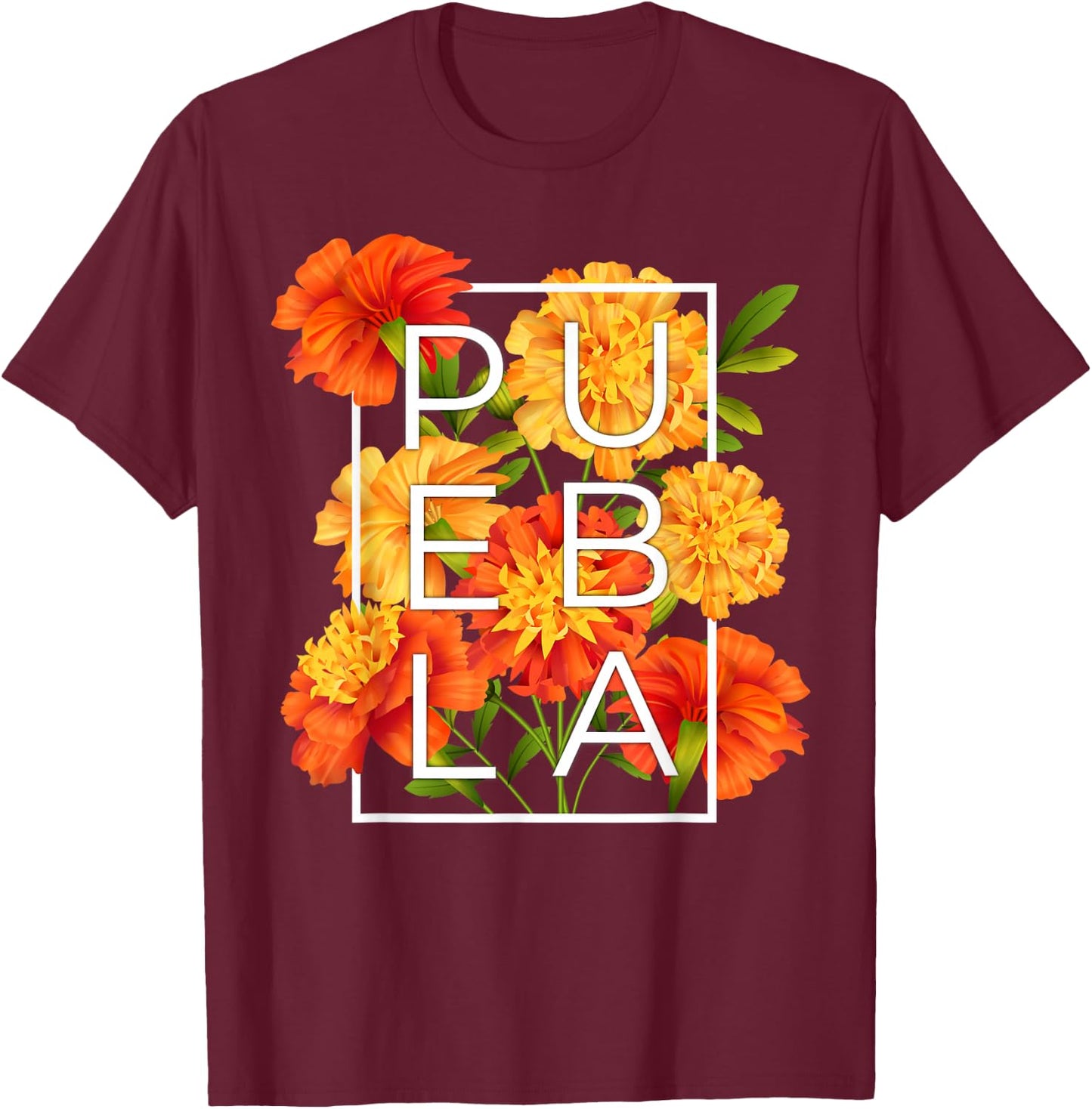 Flowers of Puebla Word Art - Poblano Pride T-Shirt - T-Shirt | Maroon