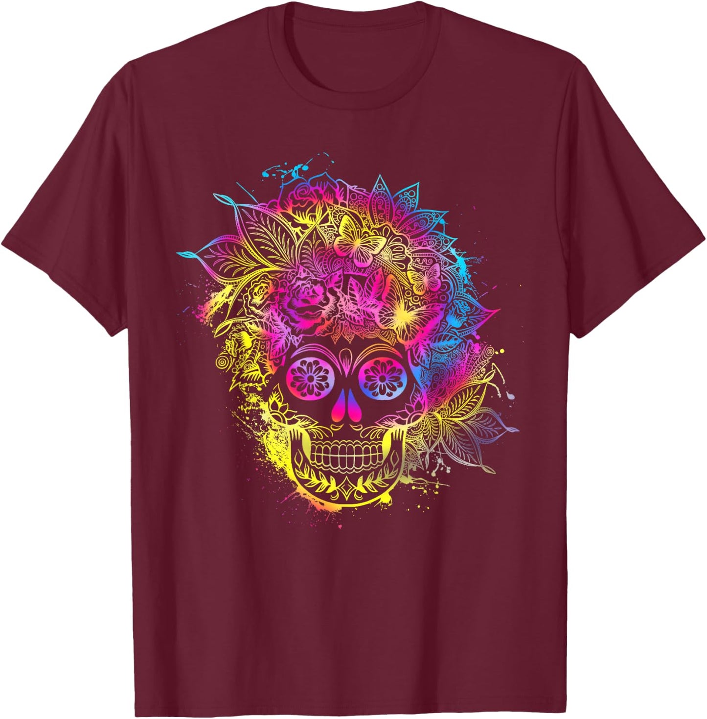 Butterflies Sugar Skull Day of the Dead Dia De Muertos T-Shirt - T-Shirt | Maroon