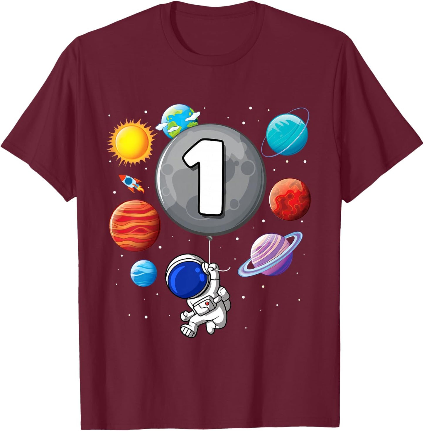 1st Birthday Astronaut Balloon Planet 1 Year Old Boy T-Shirt - T-Shirt | Maroon