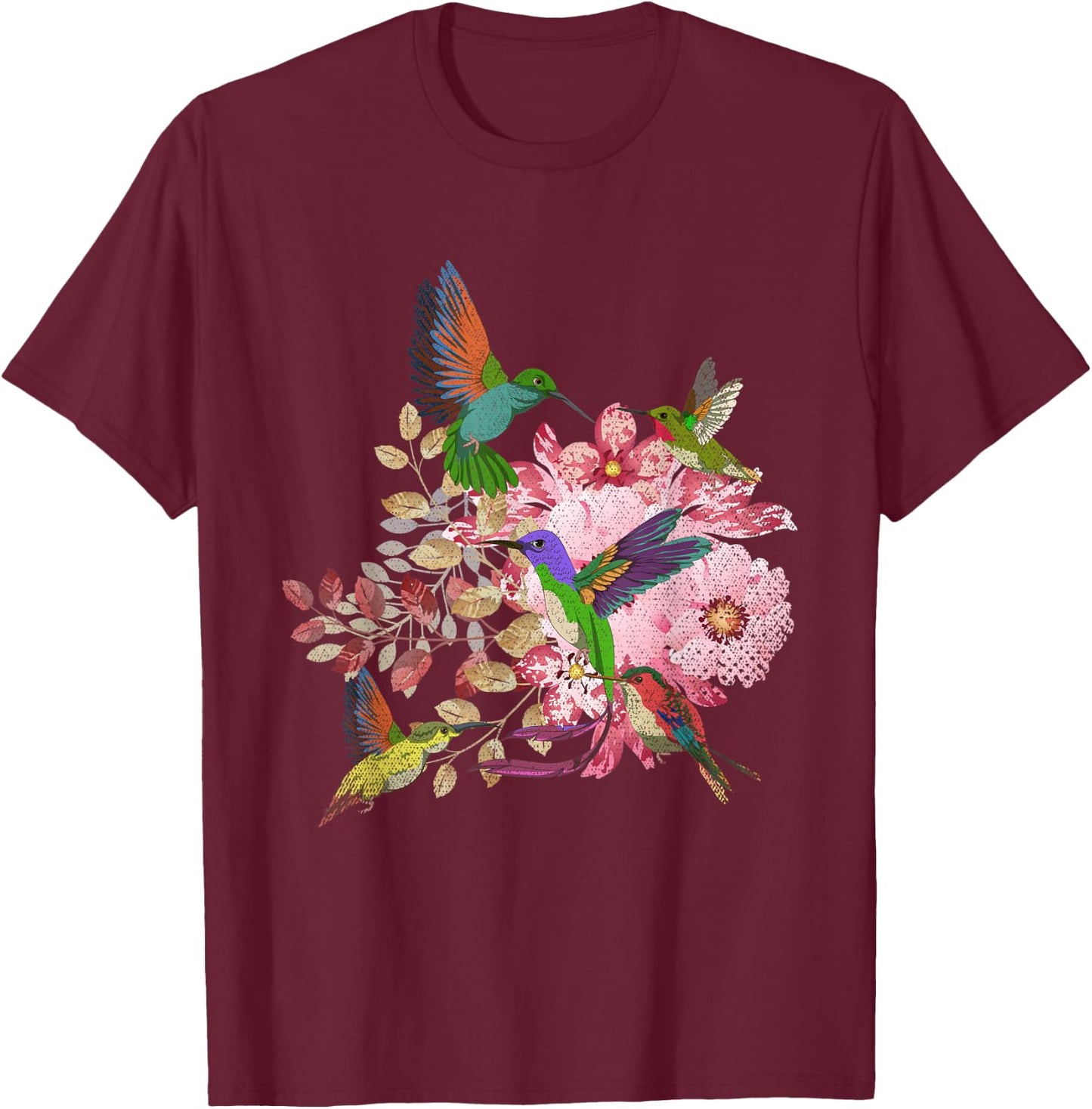 Floral Pretty Bird Flowers Animal Lover Vintage Hummingbird T-Shirt - T-Shirt | Maroon