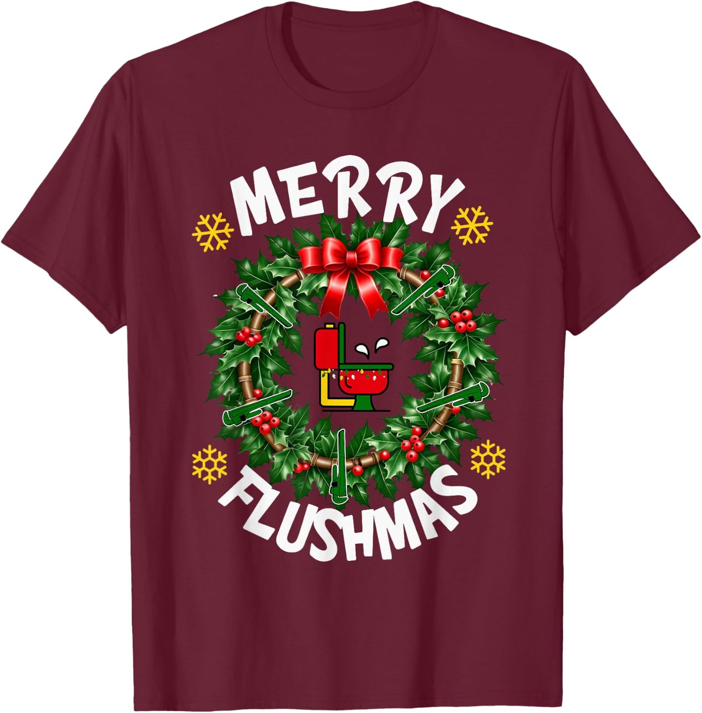 Xmas Merry Flushmas Plumber Christmas Holiday Funny Pajama T-Shirt - T-Shirt | Maroon