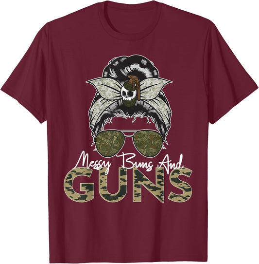 Messy Buns and Guns Wife Mom Military T-Shirt - T-Shirt | Maroon