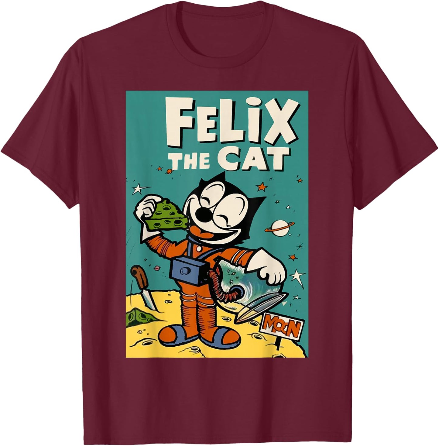 Felix the Cat Moon Dreamer - Retro 1920s Celestial Animation T-Shirt - T-Shirt | Maroon
