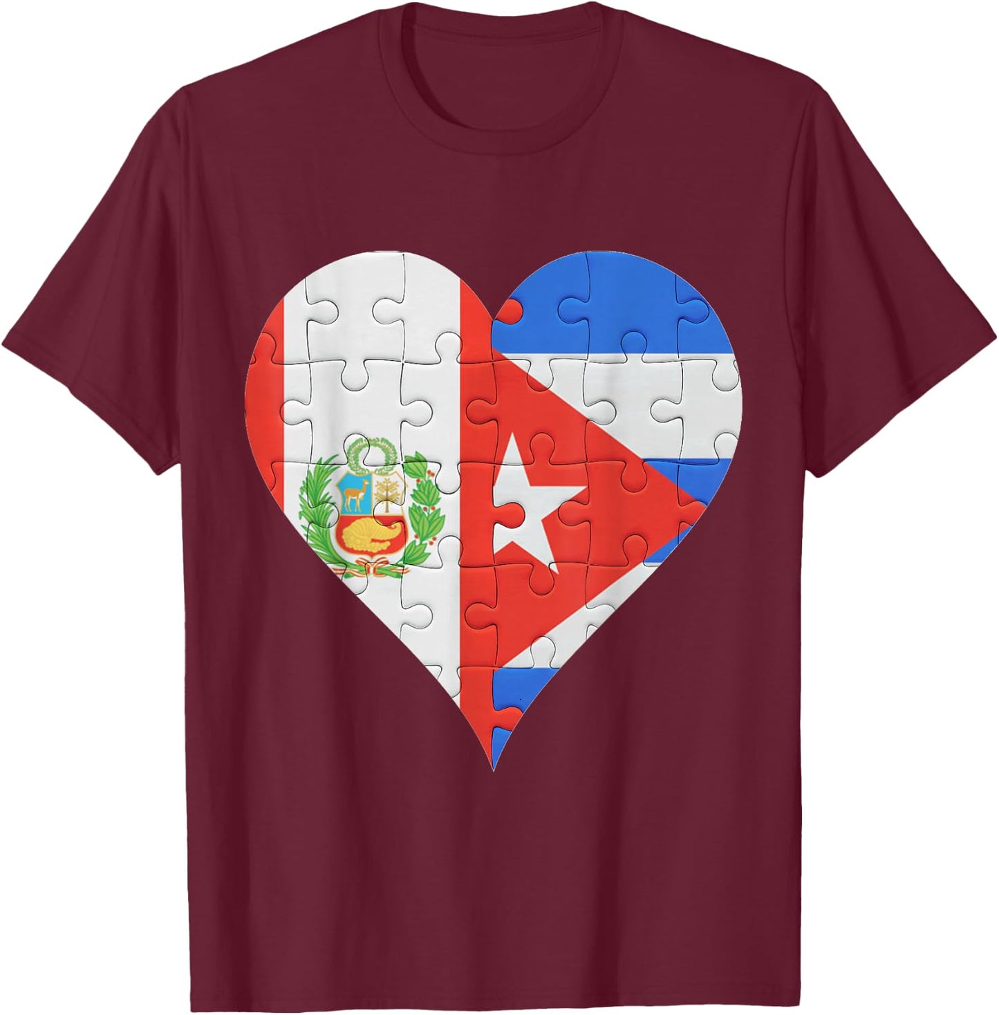 Peruvian Cuban Flag Heart T-Shirt - T-Shirt | Maroon