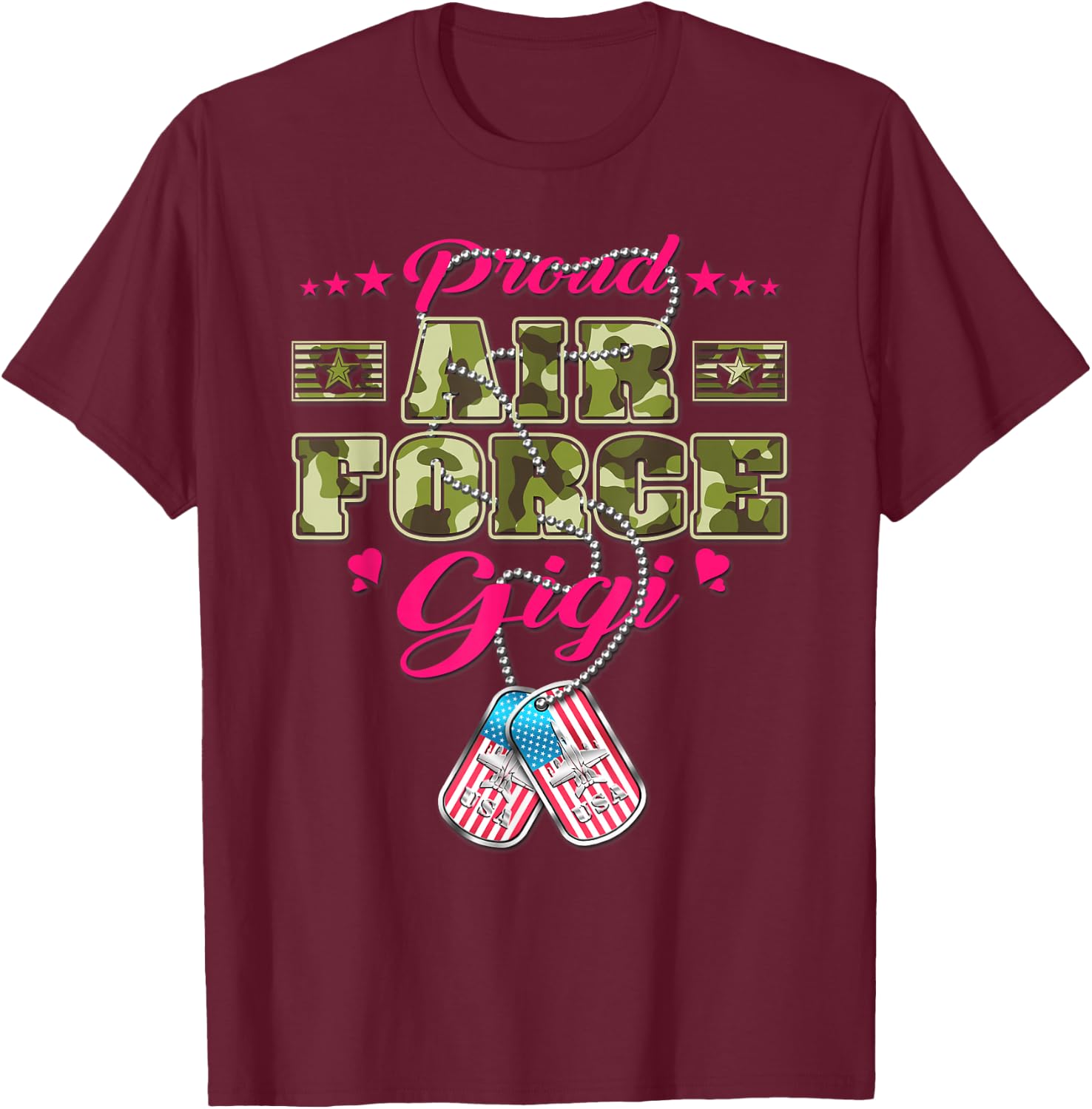 Proud Air Force Gigi - Camo US Flag Dog Tag Military Grandma Women T-Shirt - T-Shirt | Maroon