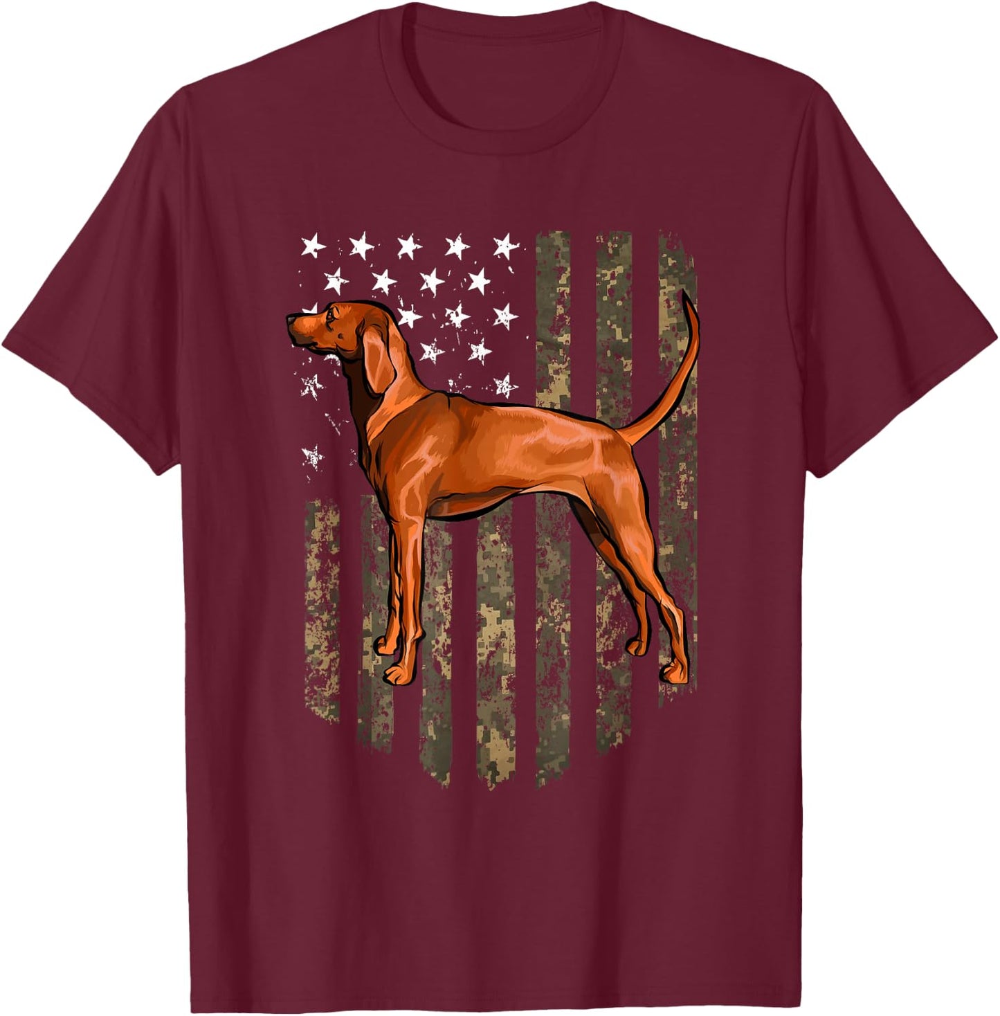 Camo American Flag Redbone Coonhound 4th of July USA T-Shirt - T-Shirt | Maroon