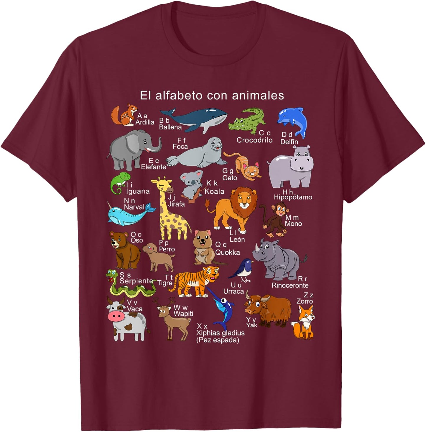 Spanish Animals Alphabet A-Z ABC of the Wildlife T-Shirt - T-Shirt | Maroon