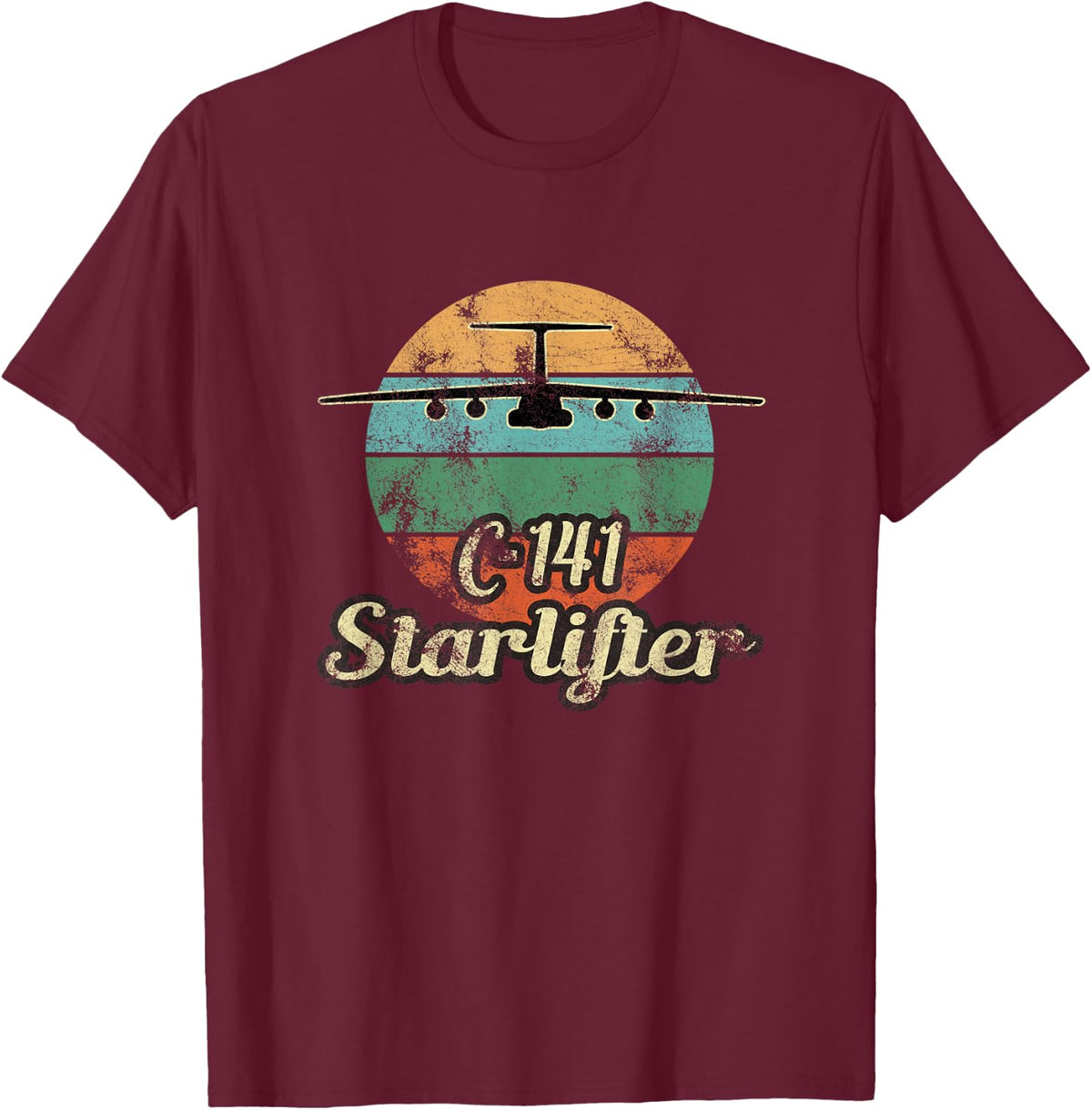C-141 Starlifter Retro Sunset Airlift Cargo Airplane T-Shirt - T-Shirt | Maroon