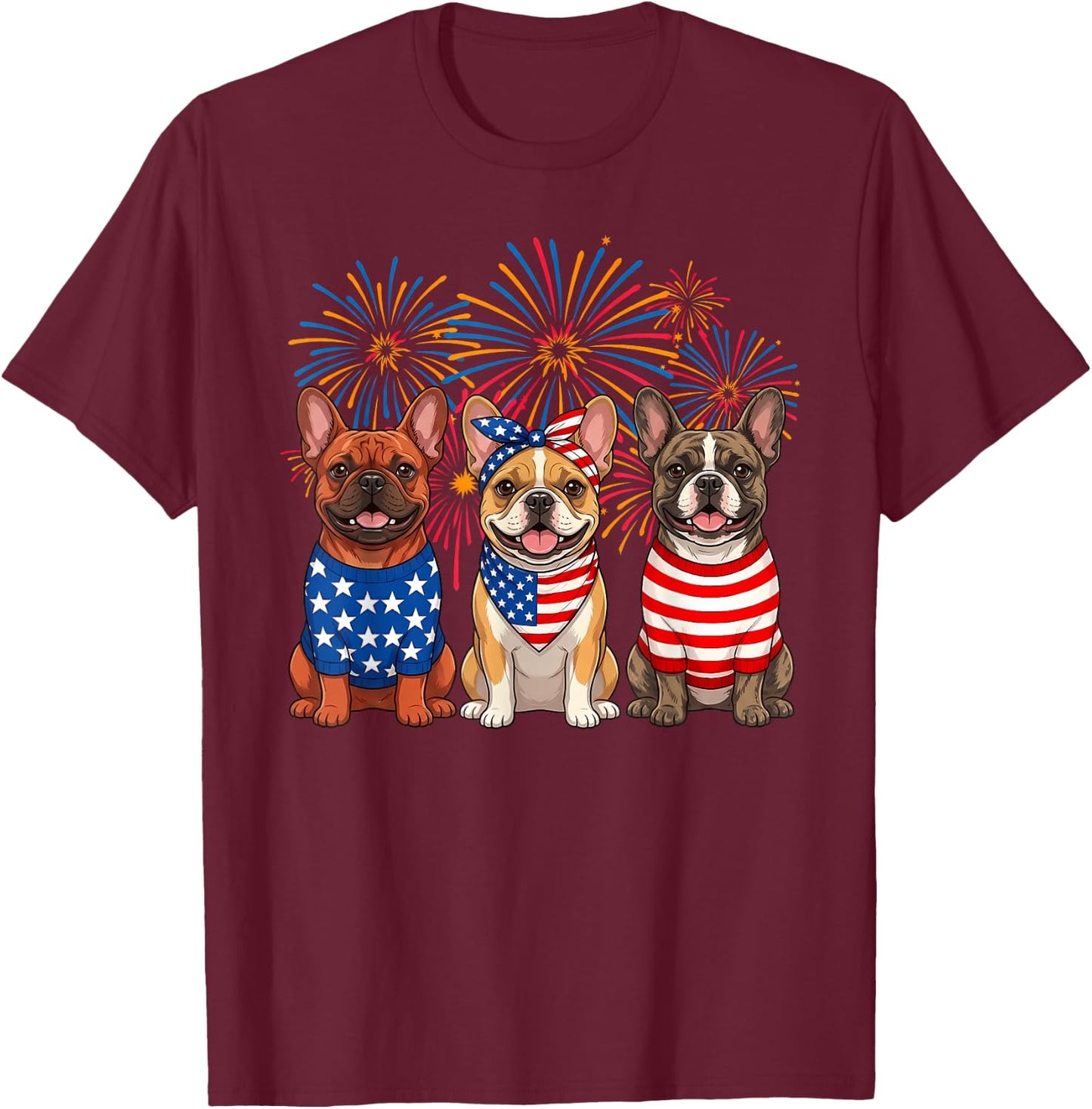 Funny French Bulldog Lover USA Flag 4th of July Women Men T-Shirt - T-Shirt | Maroon