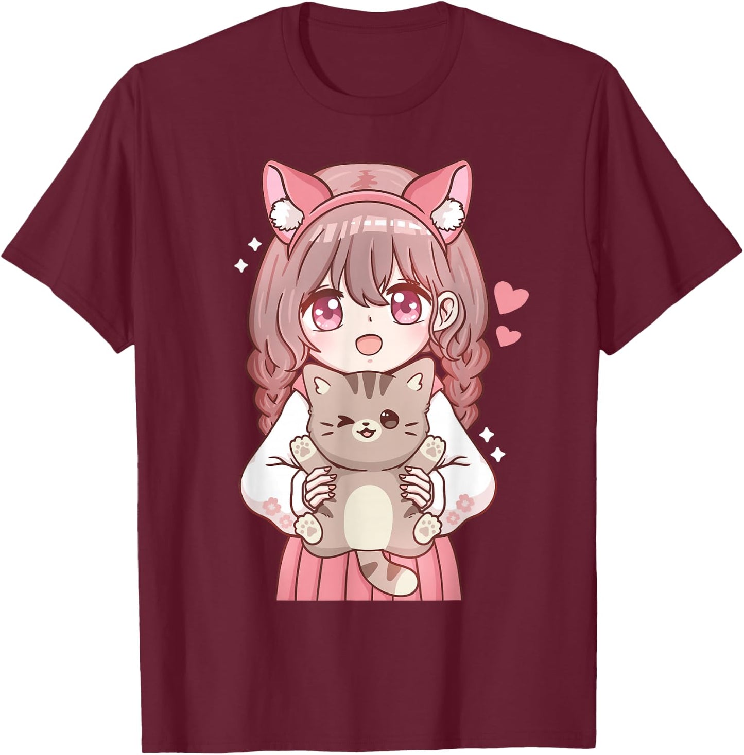 Anime Girl with Cat Kawaii Cat Lover Otaku Small T-Shirt - T-Shirt | Maroon