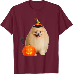 Pomeranian Witch Hat Halloween Dog Costume Men Women Kids T-Shirt - T-Shirt | Maroon
