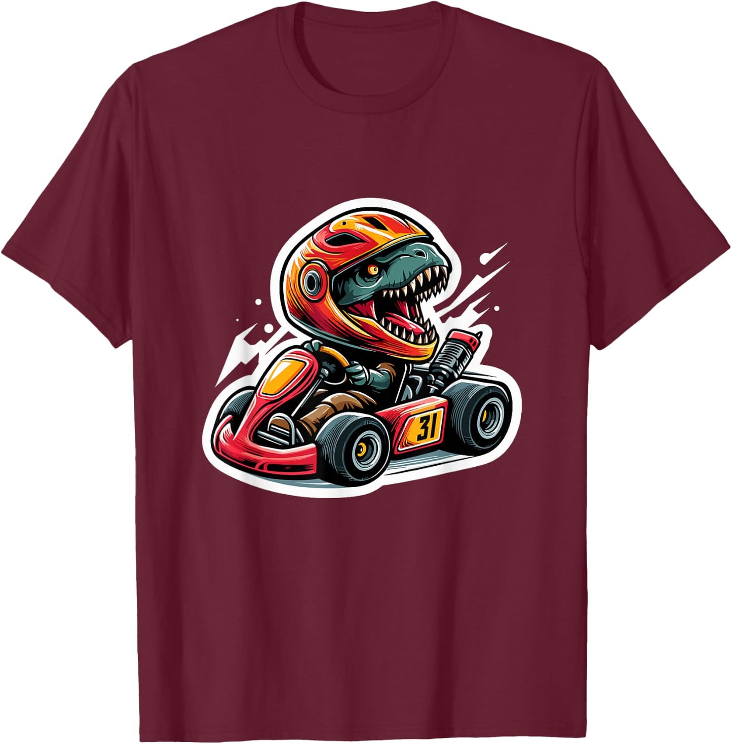 Funny Dinosaur On A Go Kart T-Rex Go Kart Racing T-Shirt - T-Shirt | Maroon