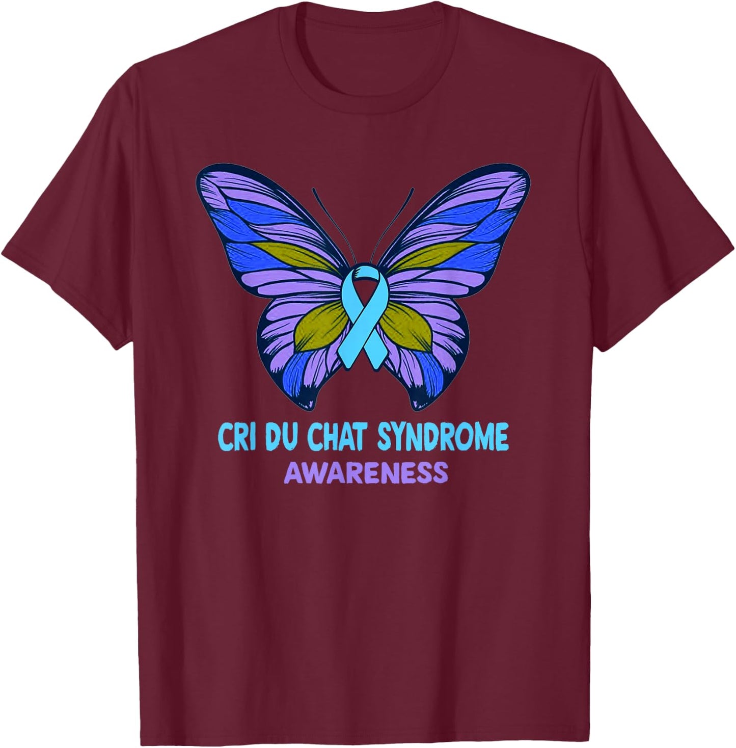CRI DU CHAT SYNDROME Awareness Blue Ribbon T Shirt T-Shirt - T-Shirt | Maroon