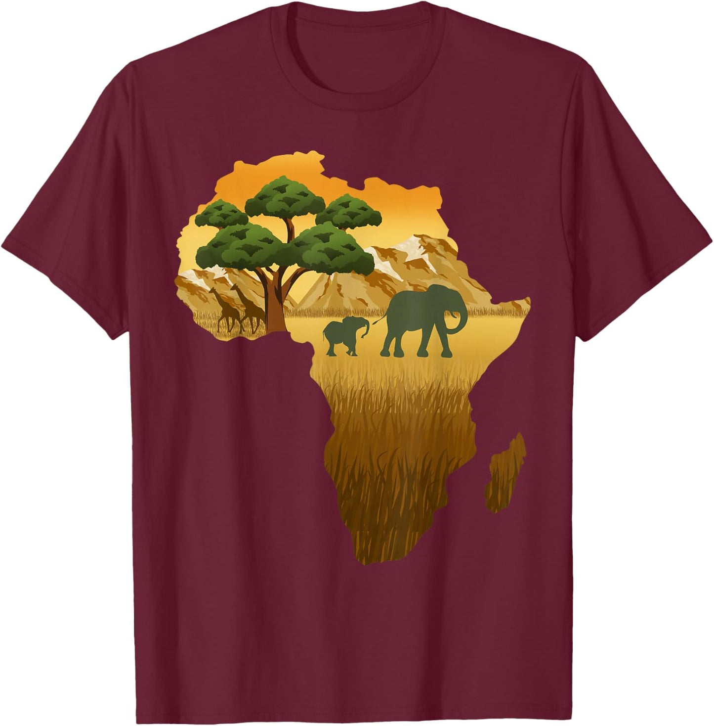African Savannah Safari Wild Animals Africa Map T-Shirt - T-Shirt | Maroon