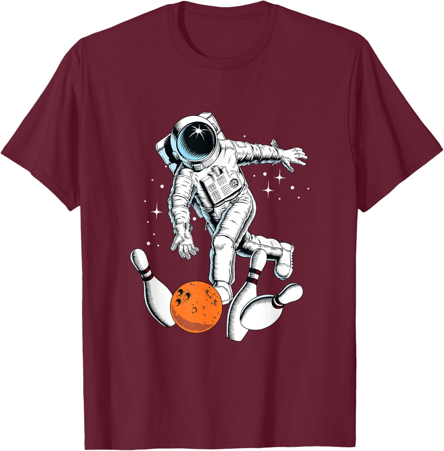 Cool Space Astronaut Playing Bowling Graphic Designs Fun T-Shirt - T-Shirt | Maroon