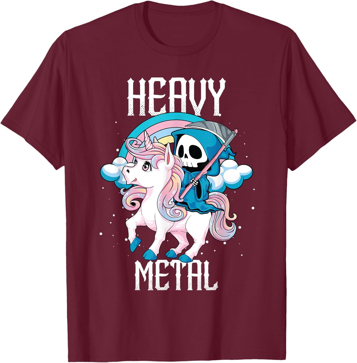 Kawaii Pastel Heavy Metal Rock Rainbow Grim Reaper Unicorn T-Shirt - T-Shirt | Maroon