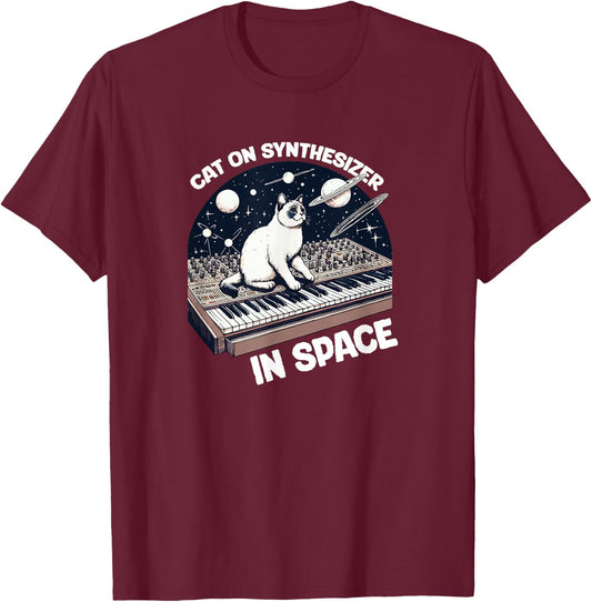 Cat Synthesizer in Space Funny T-Shirt - T-Shirt | Maroon