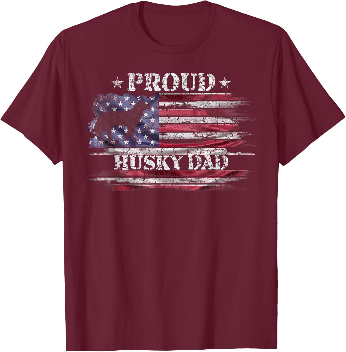 Vintage American Flag Proud Siberian Husky Dad Silhouette Women Kids Men T-Shirt - T-Shirt | Maroon