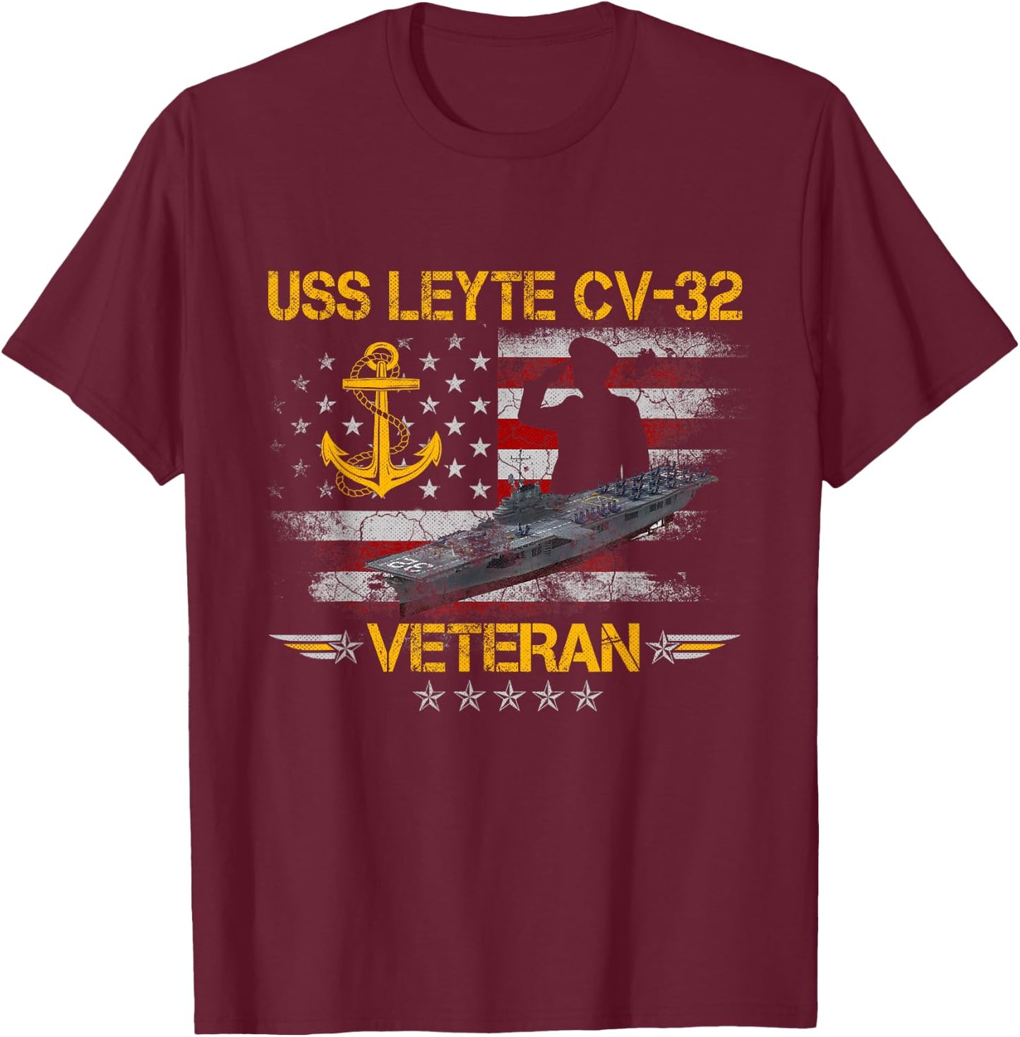 USS Leyte CV-32 Aircraft Carrier Veteran Flag Veterans Day T-Shirt - T-Shirt | Maroon