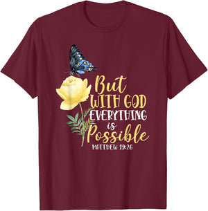 Christian Bible Verse Butterfly Rose Flower Matthew 19:26 T-Shirt - T-Shirt | Maroon