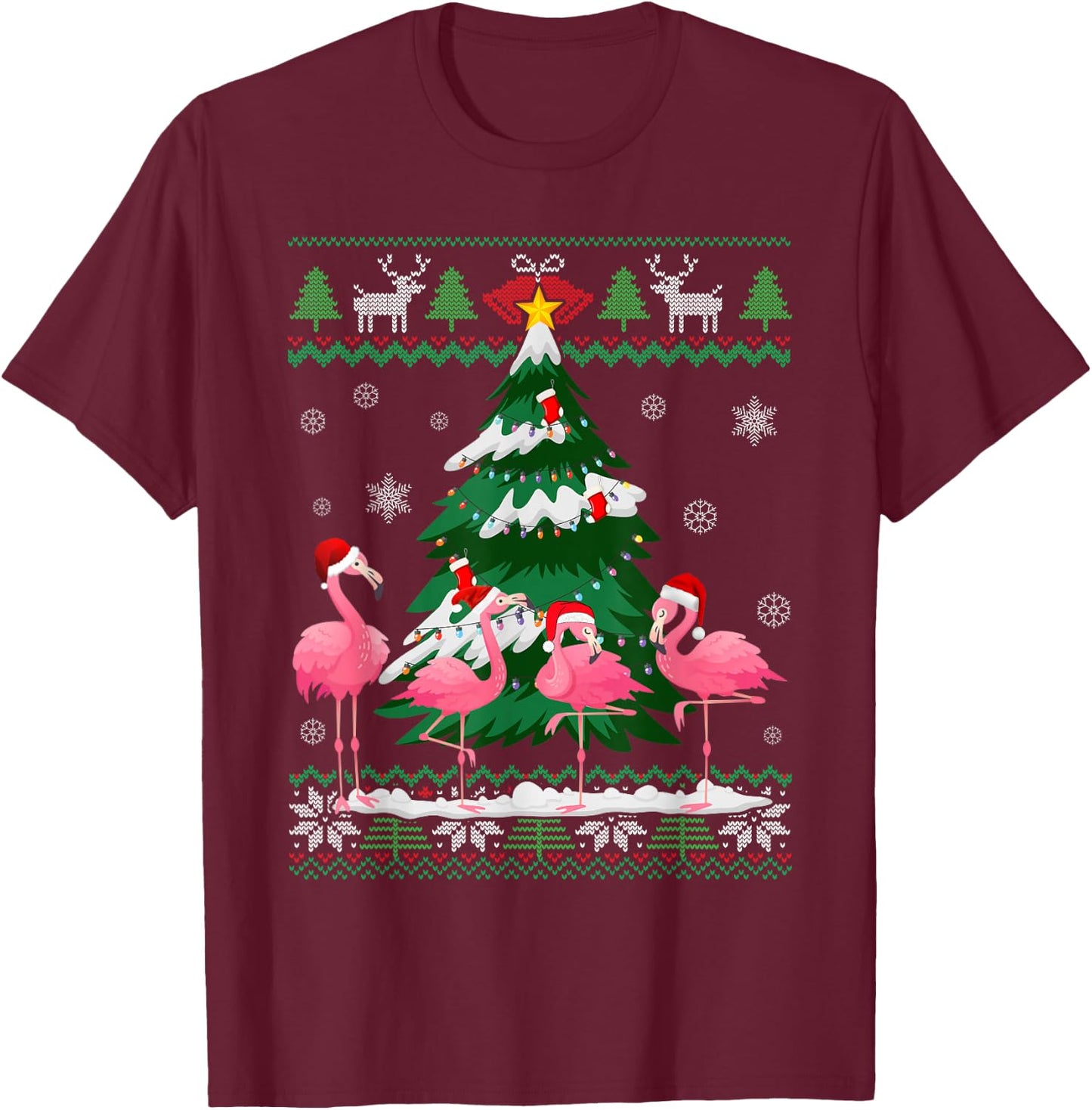Flamingo Ugly Christmas Sweater Shirt Light Pink Xmas Pajama T-Shirt - T-Shirt | Maroon
