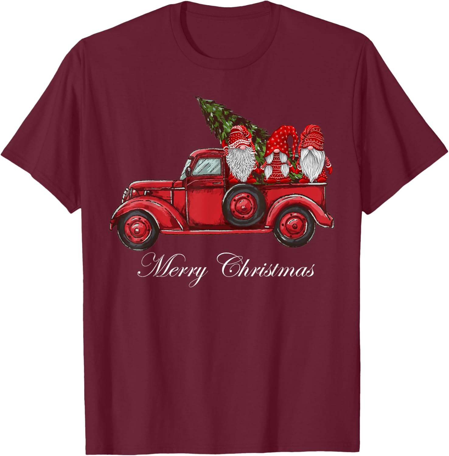 Three Gnomes in Red Truck With Merry Christmas Tree T-Shirt - T-Shirt | Maroon