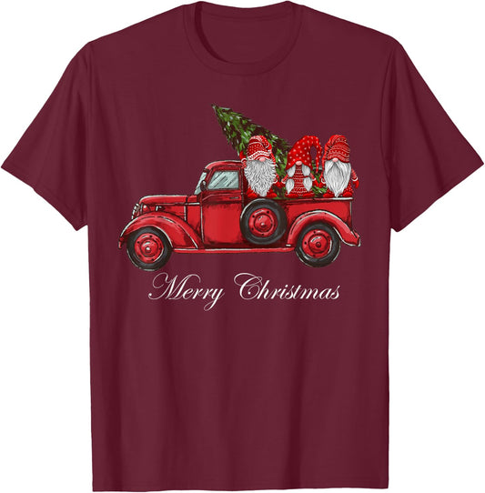 Three Gnomes in Red Truck With Merry Christmas Tree T-Shirt - T-Shirt | Maroon