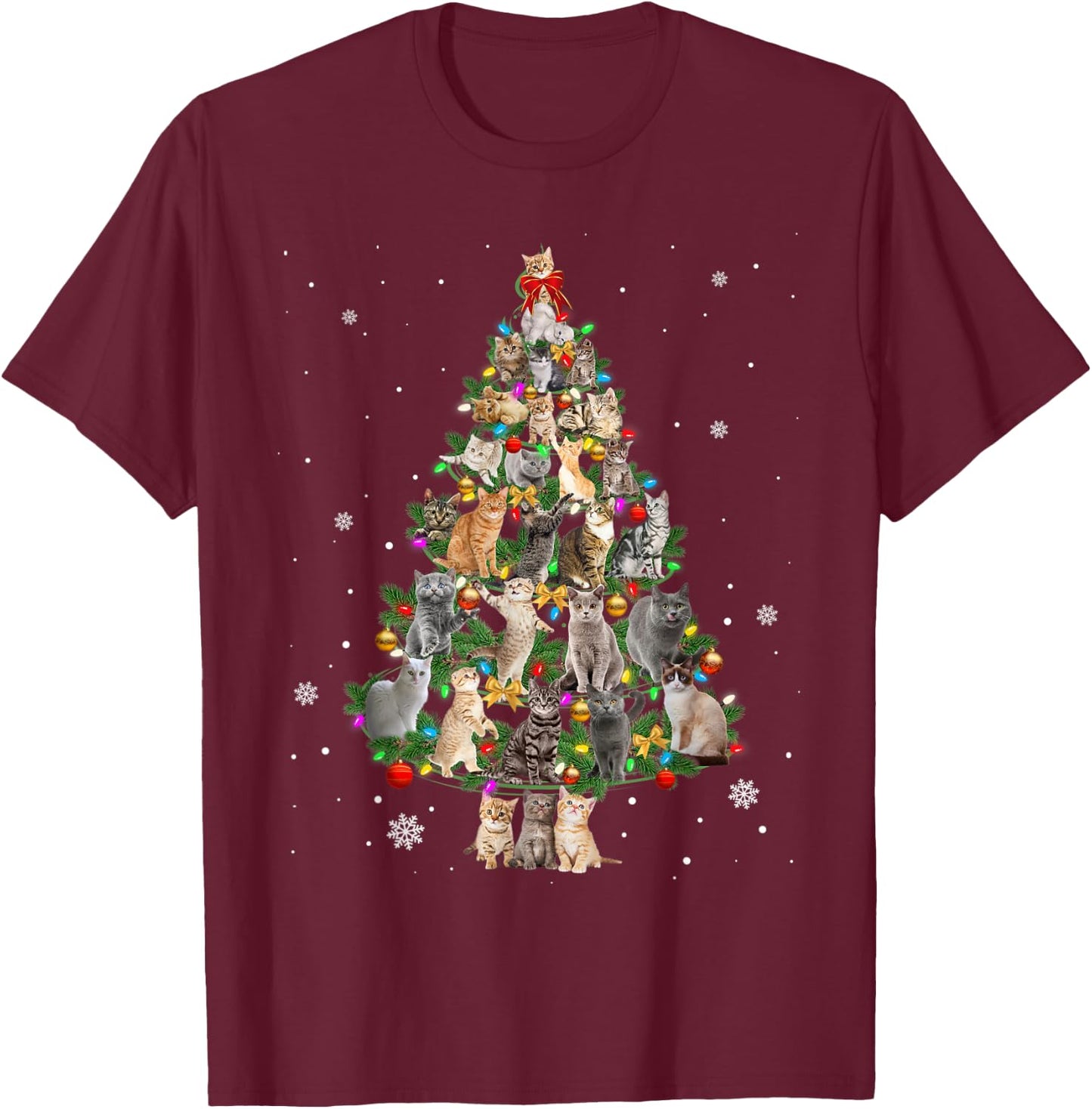 Meowy Xmas Cats Christmas Tree Lights Snow Kitten Funny Gift T-Shirt - T-Shirt | Maroon