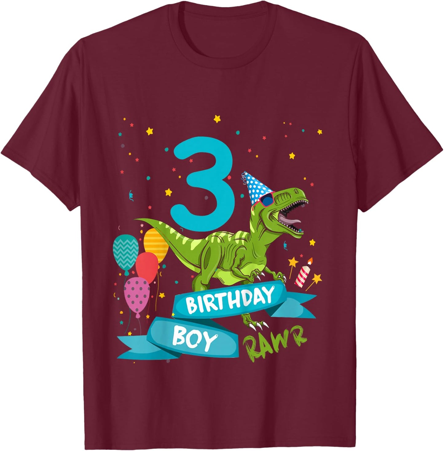 Kids 3rd Birthday Boy Party T-Rex Dinosaur Matching Shirts Rawr 3 T-Shirt - T-Shirt | Maroon
