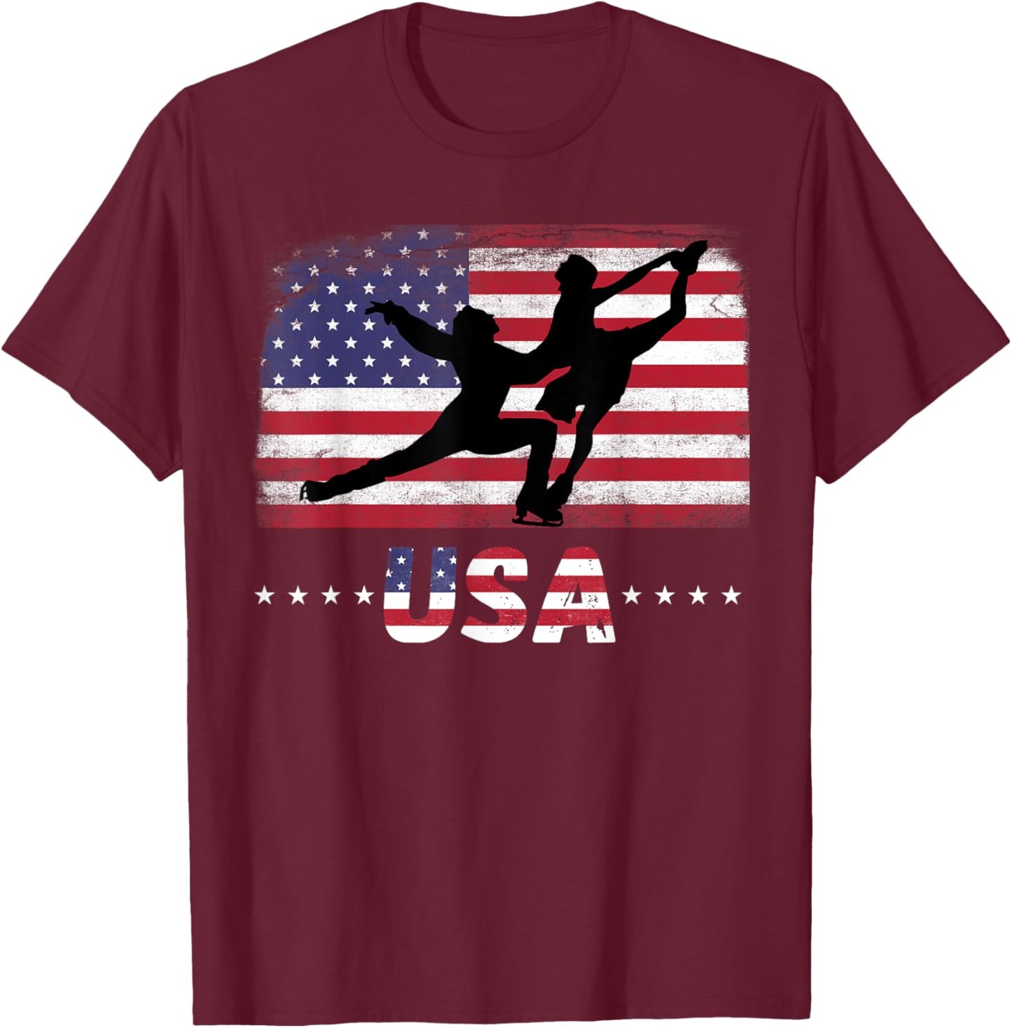 American Flag double ice figure skating USA Patriotic Team Women Men T-Shirt - T-Shirt | Maroon
