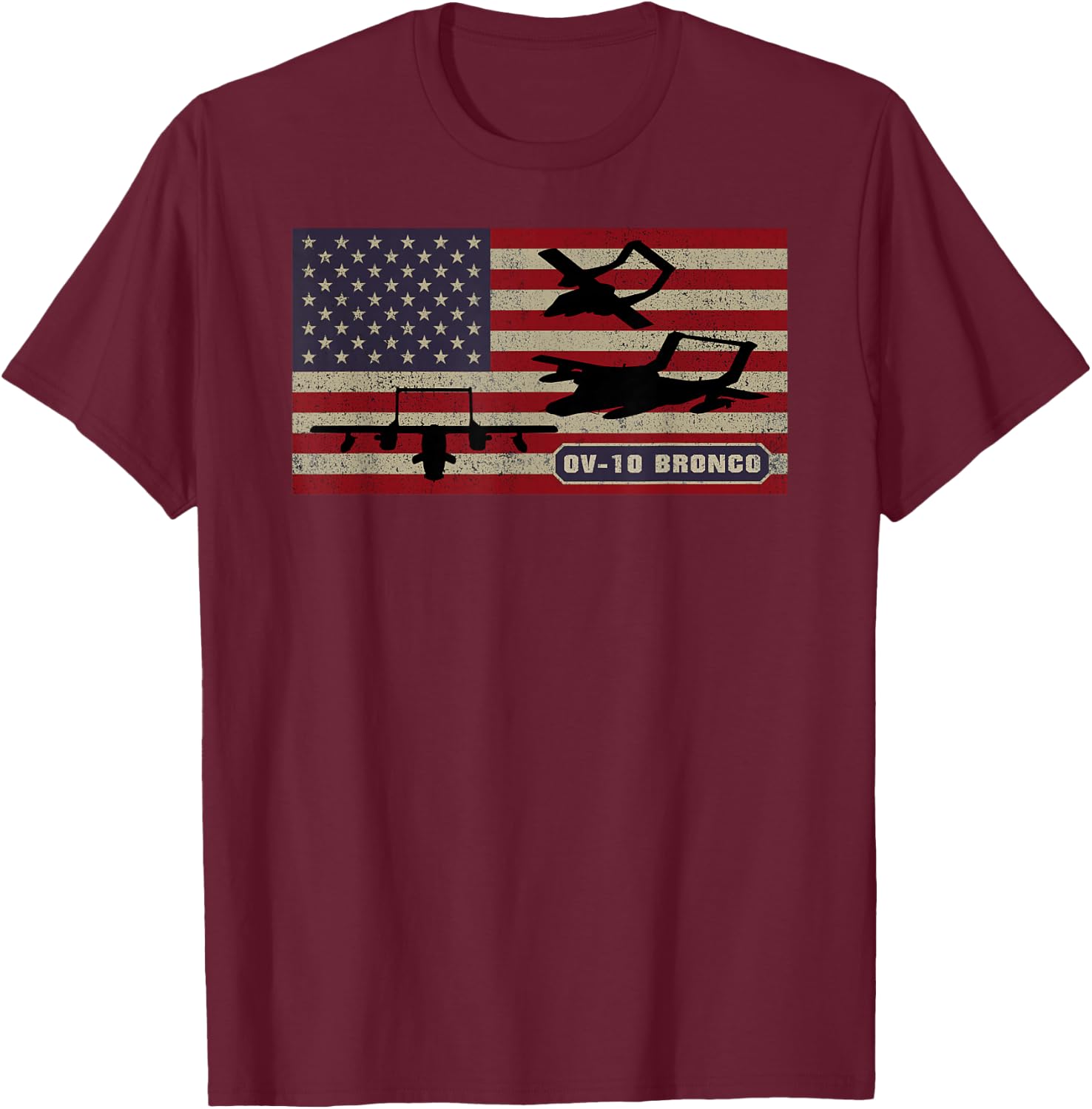 OV-10 Bronco Observation Aircraft American Flag T-Shirt - T-Shirt | Maroon