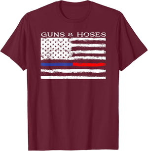 Guns & Hoses Thin Blue Red Line Police & Fire Appreciation T-Shirt - T-Shirt | Maroon