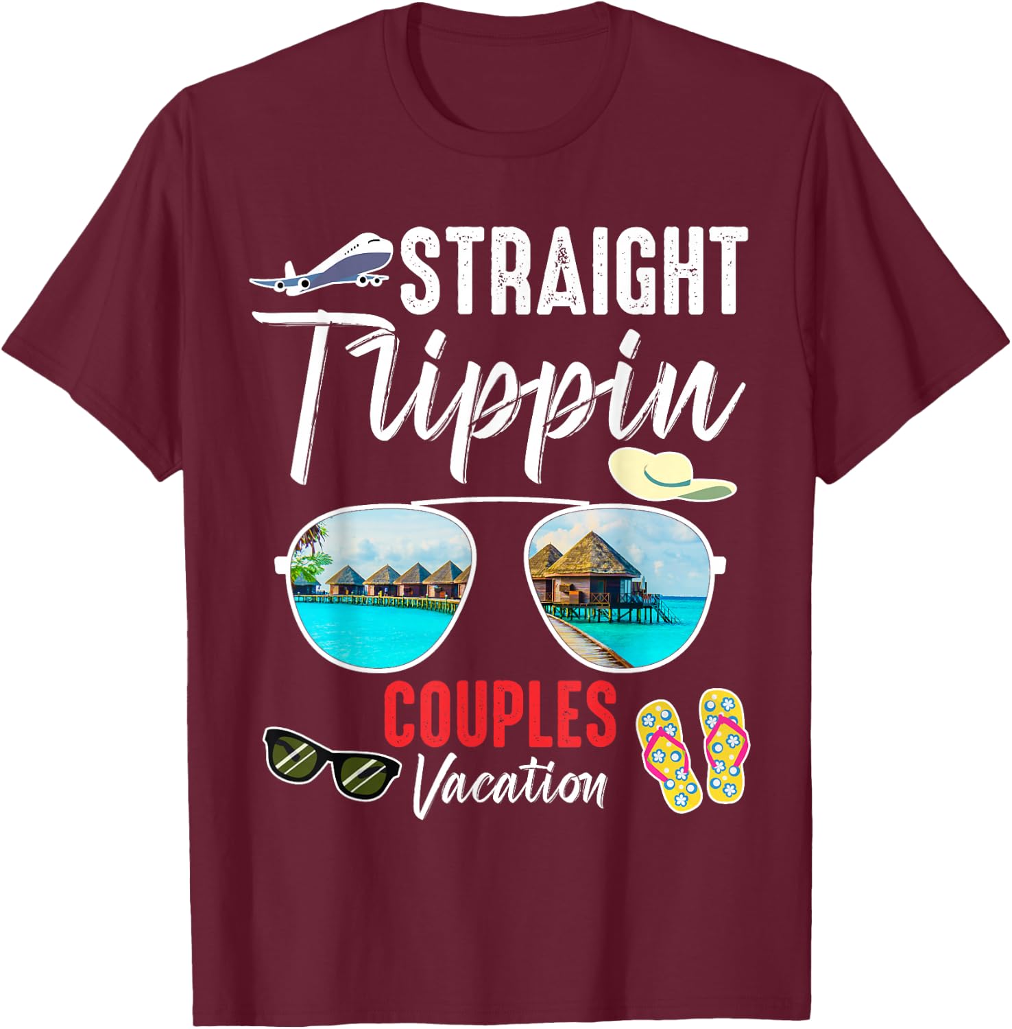 Straight Trippin Couples Trip 2026 Beach Summer Vacation T-Shirt - T-Shirt | Maroon