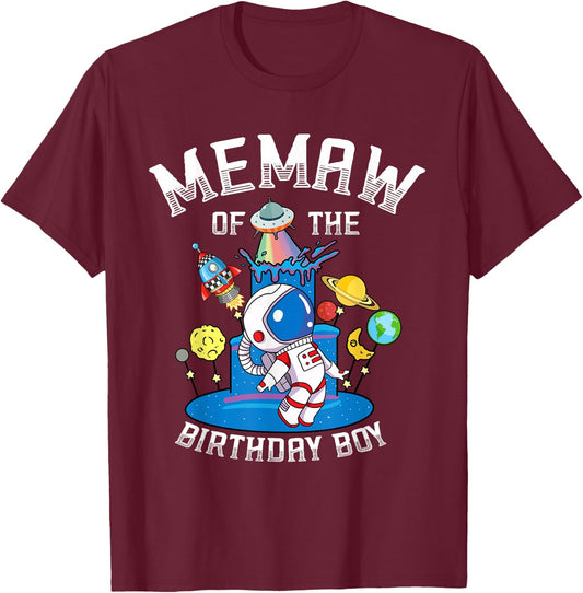 Memaw Of The Birthday Astronaut Boy Space Theme T-Shirt - T-Shirt | Maroon