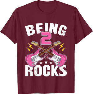 Being 2 Rocks Cute Two Years Old Guitar 2nd Birthday Girls T-Shirt - T-Shirt | Maroon