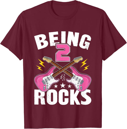Being 2 Rocks Cute Two Years Old Guitar 2nd Birthday Girls T-Shirt - T-Shirt | Maroon
