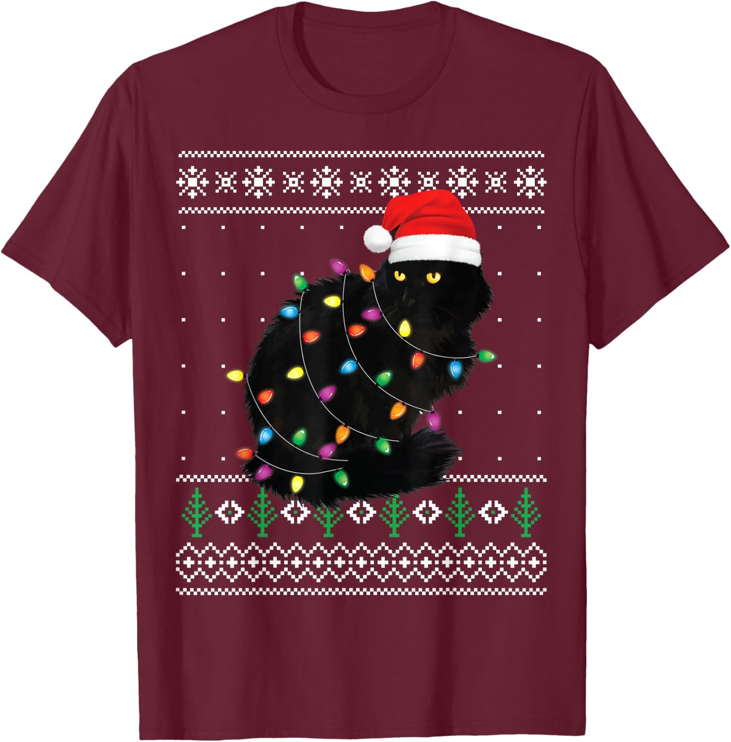 Black Cat Christmas Ugly Sweater Funny Santa Cat T-Shirt - T-Shirt | Maroon