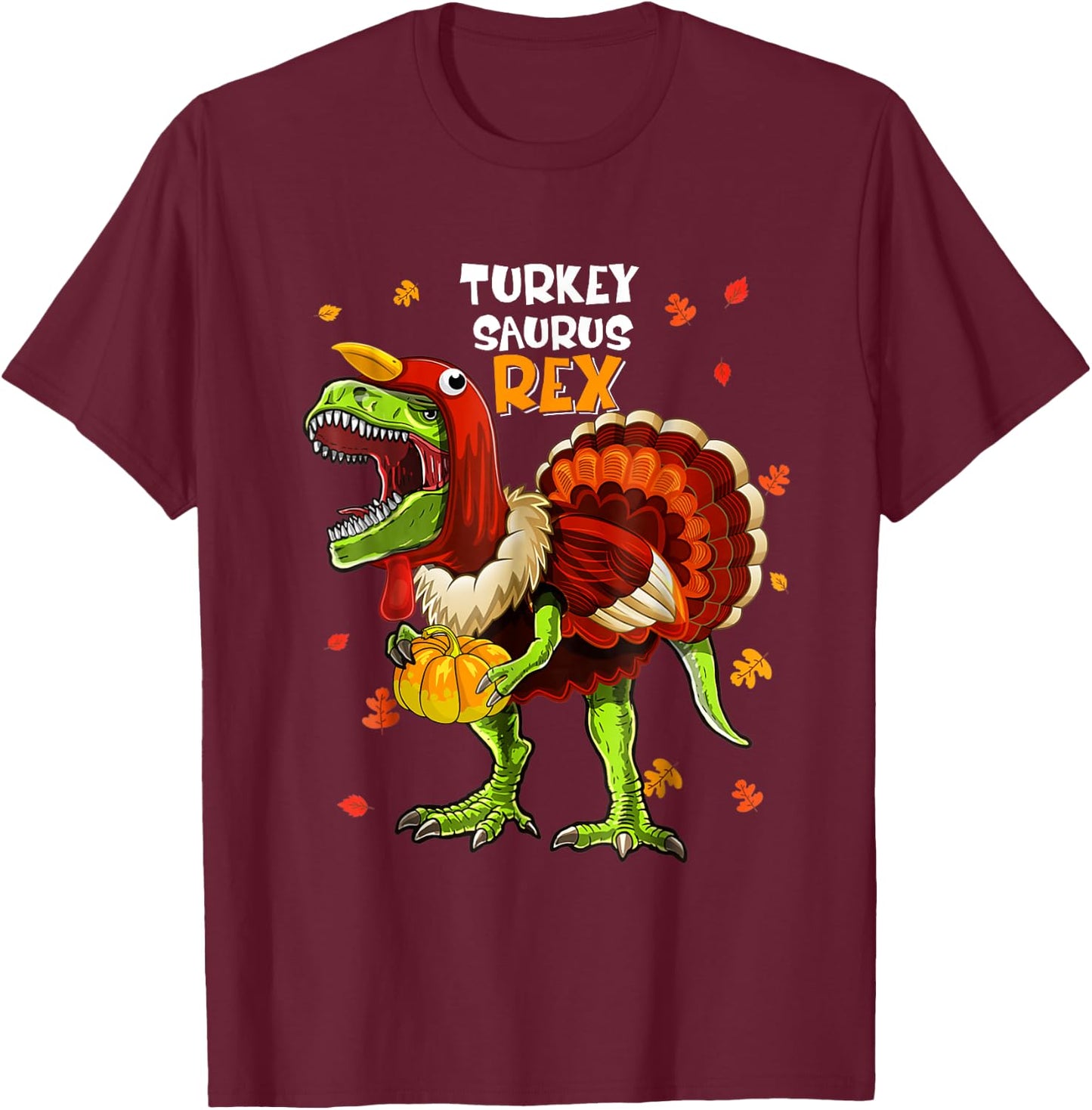 Turkey Saurus Rex Dinosaur Pumpkin Funny Thanksgiving Kids T-Shirt - T-Shirt | Maroon