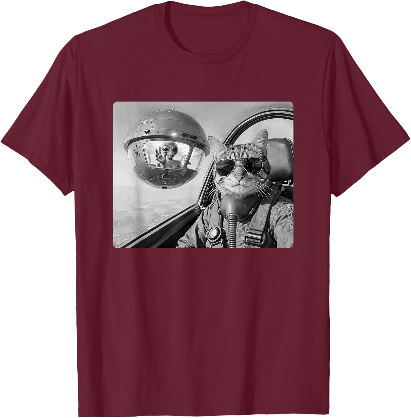 Pilot Cat Selfie with UFO and Alien Fighter Jet Cat Lovers T-Shirt - T-Shirt | Maroon