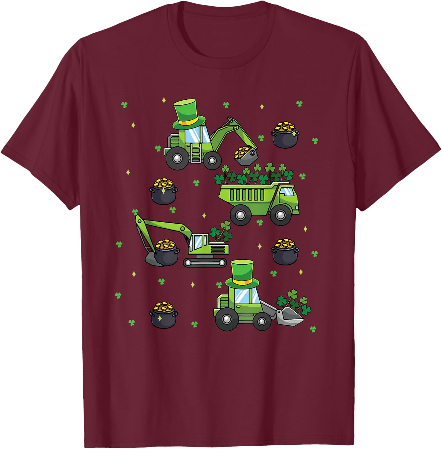 Kids St Patricks Day Trucks Construction Excavator Tractor T-Shirt - T-Shirt | Maroon