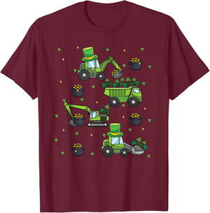 Kids St Patricks Day Trucks Construction Excavator Tractor T-Shirt - T-Shirt | Maroon