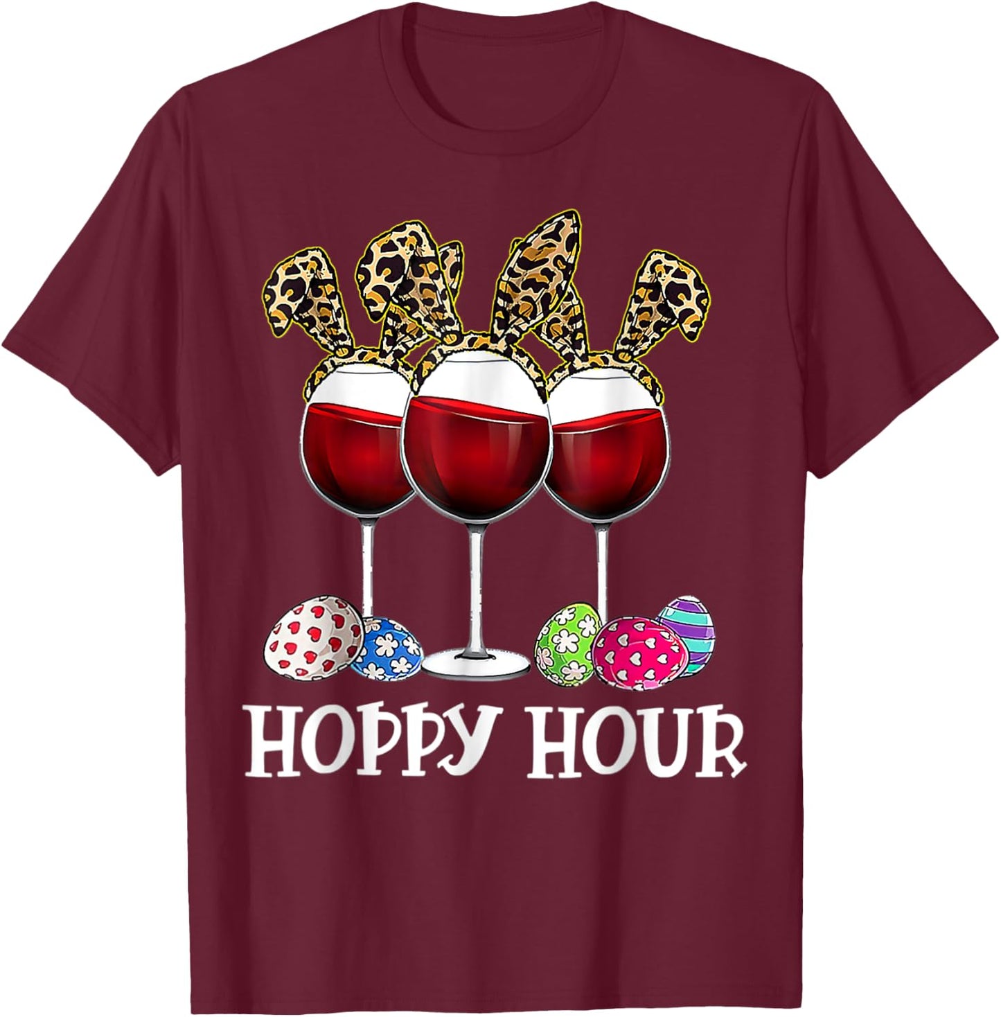 Easter Egg Leoppard Bunny Wine Drinking T-Shirt - T-Shirt | Maroon