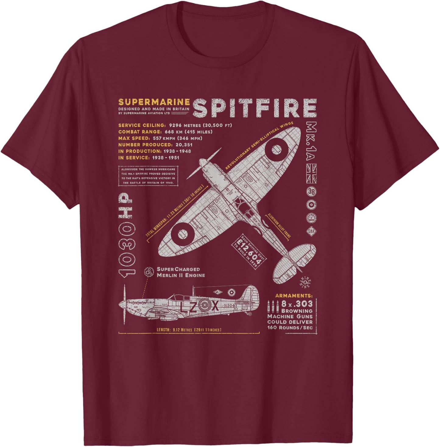 Spitfire Mk.1 | RAF British WWII Supermarine Fighter Plane Small T-Shirt - T-Shirt | Maroon