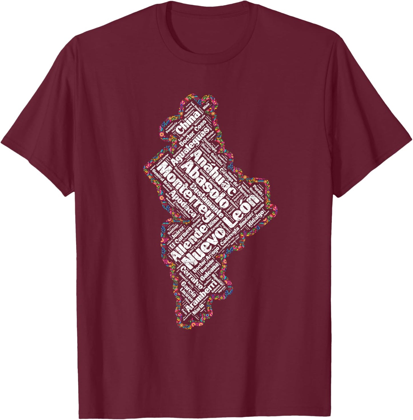 Mapa de Nuevo Leon Mexico y municipios flores mexicanas T-Shirt - T-Shirt | Maroon