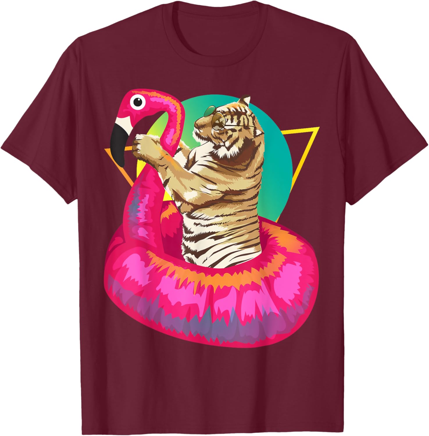 Cool Unique Tiger Chilling In Floating Flamingo Gift T-Shirt - T-Shirt | Maroon